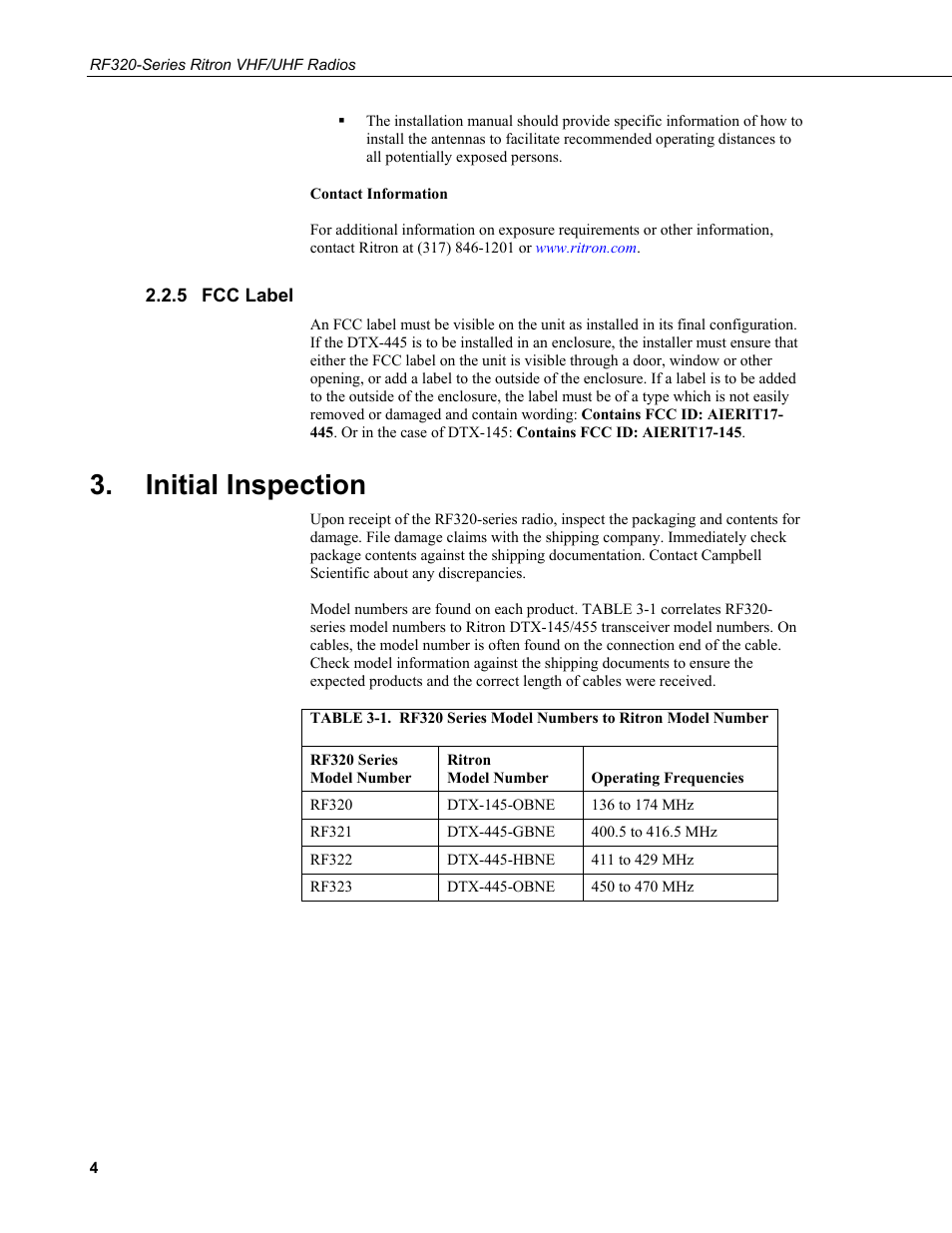 5 fcc label, Initial inspection, Fcc label | Campbell Scientific RF320-Series Ritron VHF/UHF Radios User Manual | Page 10 / 36