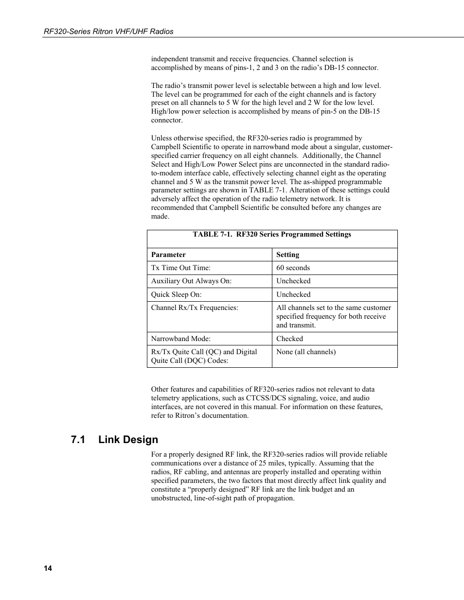 1 link design, Link design, 1. rf320 series programmed settings | Campbell Scientific RF320-Series Ritron VHF/UHF Radios User Manual | Page 20 / 36