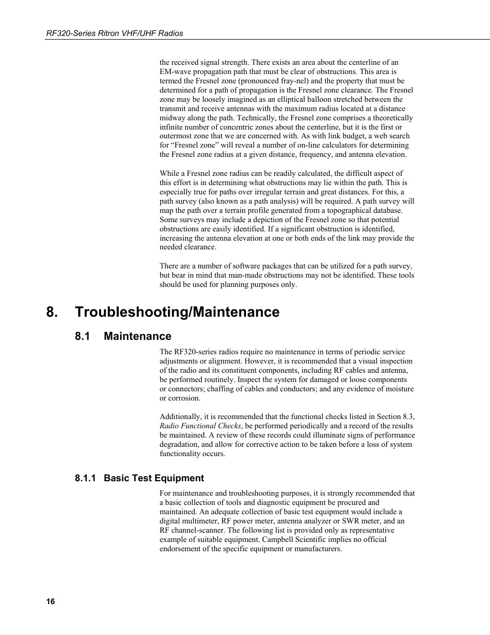 Troubleshooting/maintenance, 1 maintenance, 1 basic test equipment | Maintenance, Basic test equipment | Campbell Scientific RF320-Series Ritron VHF/UHF Radios User Manual | Page 22 / 36