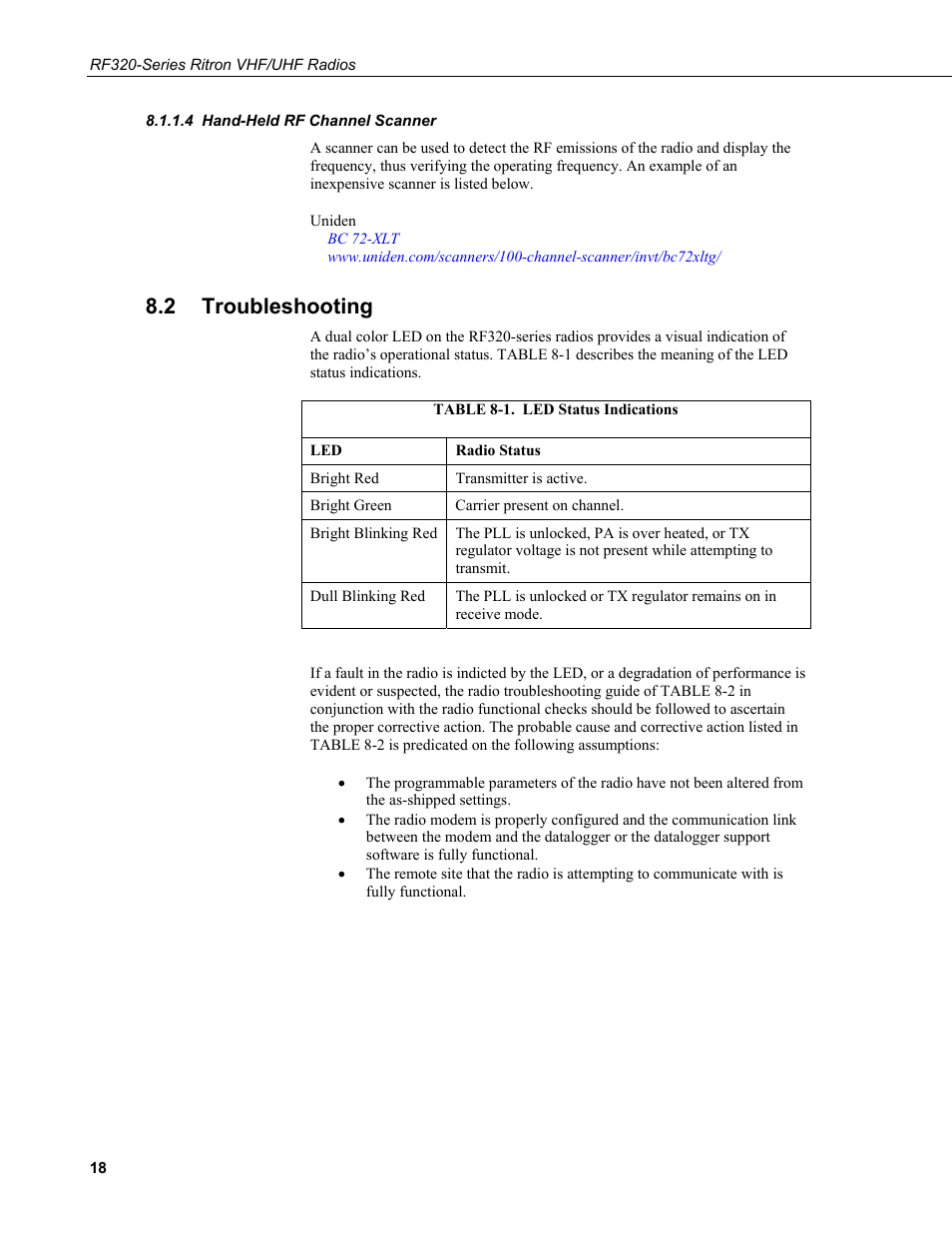 4 hand-held rf channel scanner, 2 troubleshooting, Hand-held rf channel scanner | Troubleshooting, 1. led, Status indications | Campbell Scientific RF320-Series Ritron VHF/UHF Radios User Manual | Page 24 / 36