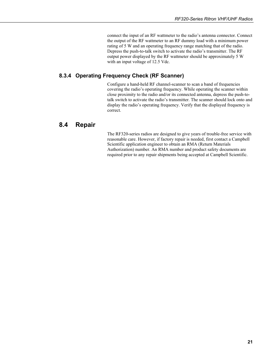 4 operating frequency check (rf scanner), 4 repair, Operating frequency check (rf scanner) | Repair | Campbell Scientific RF320-Series Ritron VHF/UHF Radios User Manual | Page 27 / 36