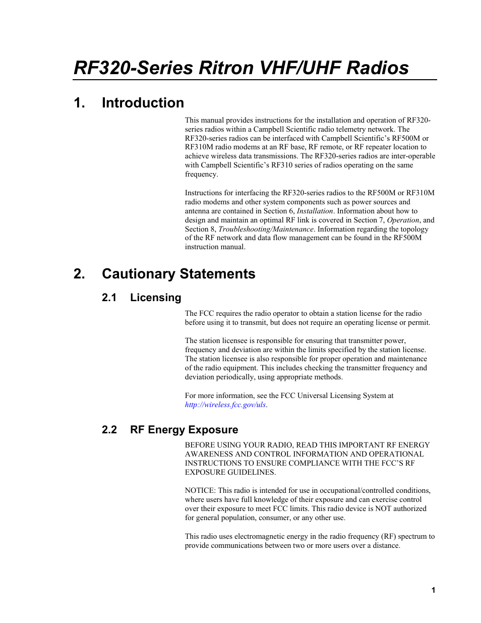 Introduction, Cautionary statements, 1 licensing | 2 rf energy exposure, Licensing, Rf energy exposure, Rf320-series ritron vhf/uhf radios | Campbell Scientific RF320-Series Ritron VHF/UHF Radios User Manual | Page 7 / 36