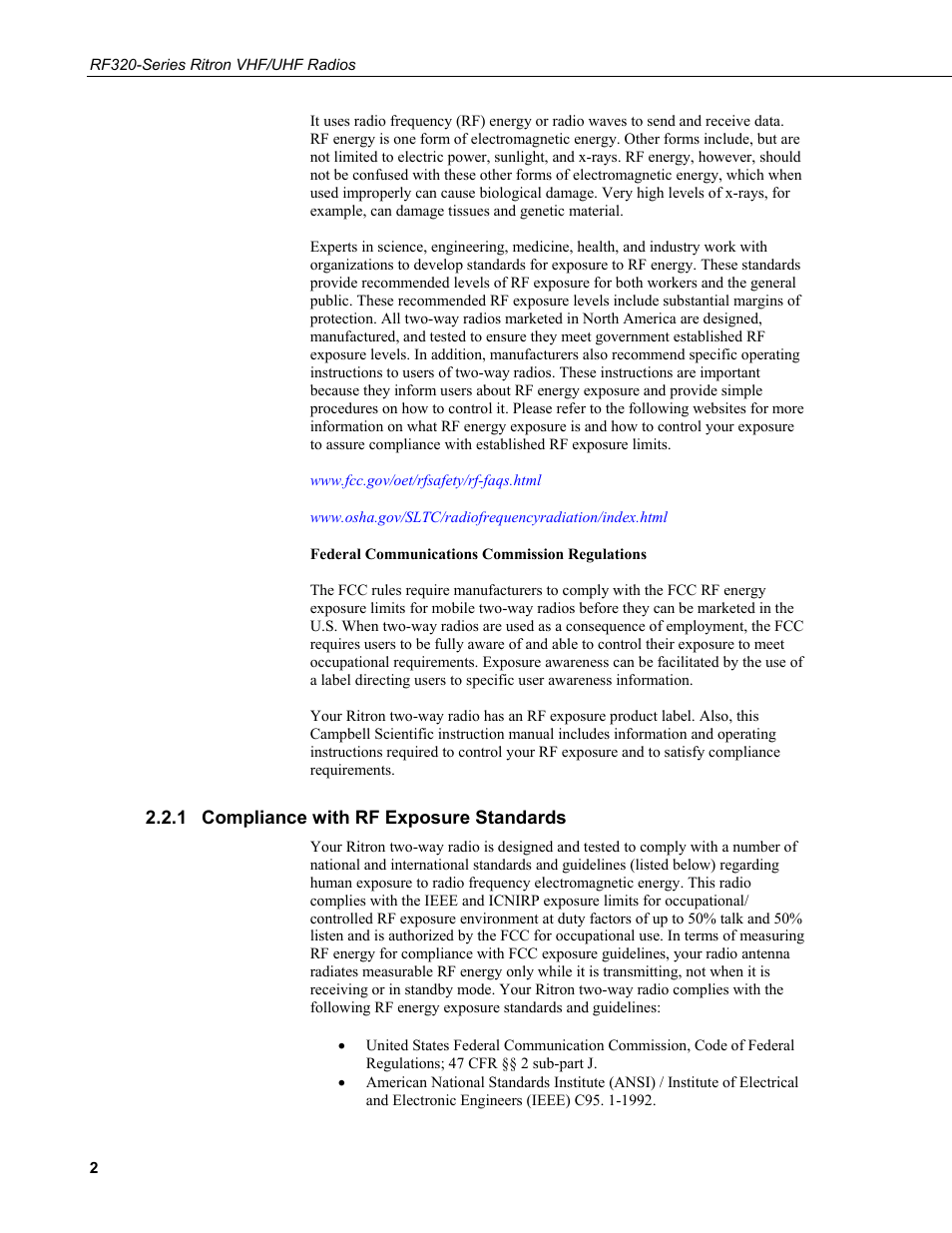 1 compliance with rf exposure standards, Compliance with rf exposure standards | Campbell Scientific RF320-Series Ritron VHF/UHF Radios User Manual | Page 8 / 36