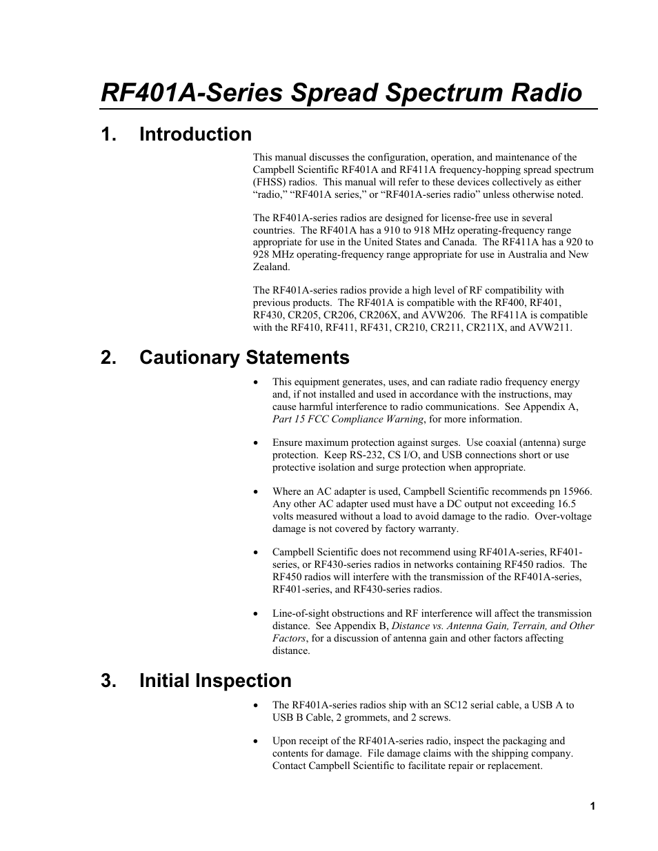 Introduction, Cautionary statements, Initial inspection | Rf401a-series spread spectrum radio | Campbell Scientific RF401A-Series Spread Spectrum Radios User Manual | Page 11 / 48