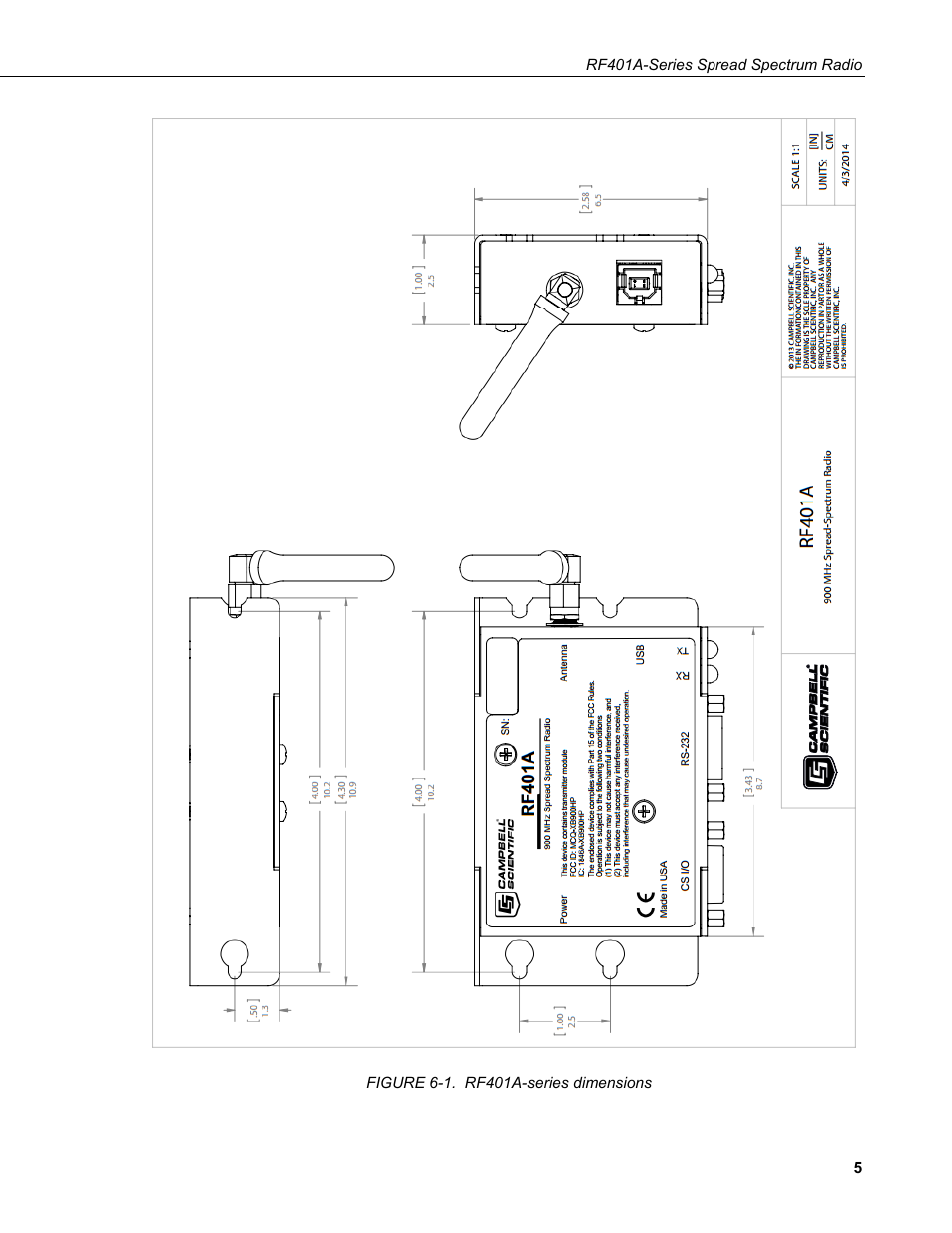 1. rf401a-series dimensions | Campbell Scientific RF401A-Series Spread Spectrum Radios User Manual | Page 15 / 48