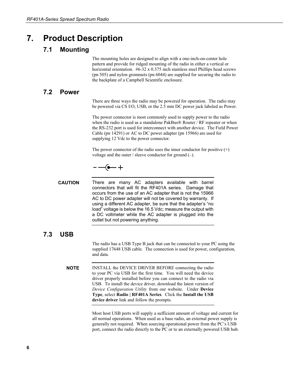 Product description, 1 mounting, 2 power | 3 usb, Mounting, Power | Campbell Scientific RF401A-Series Spread Spectrum Radios User Manual | Page 16 / 48