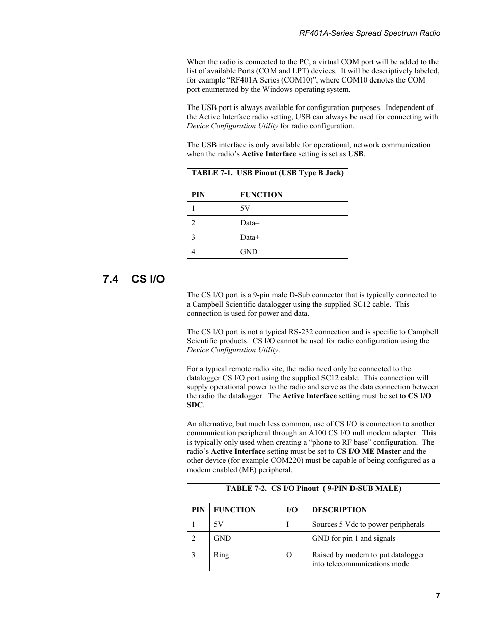 4 cs i/o, Cs i/o, 1. usb pinout (usb type b jack) | 2. cs i/o pinout ( 9-pin d-sub male) | Campbell Scientific RF401A-Series Spread Spectrum Radios User Manual | Page 17 / 48