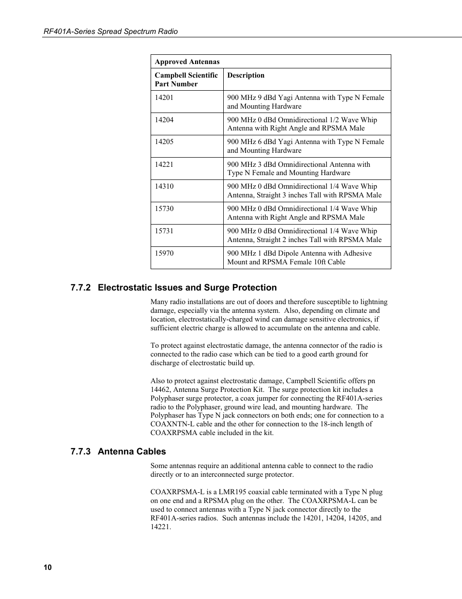 2 electrostatic issues and surge protection, 3 antenna cables, Electrostatic issues and surge protection | Antenna cables | Campbell Scientific RF401A-Series Spread Spectrum Radios User Manual | Page 20 / 48