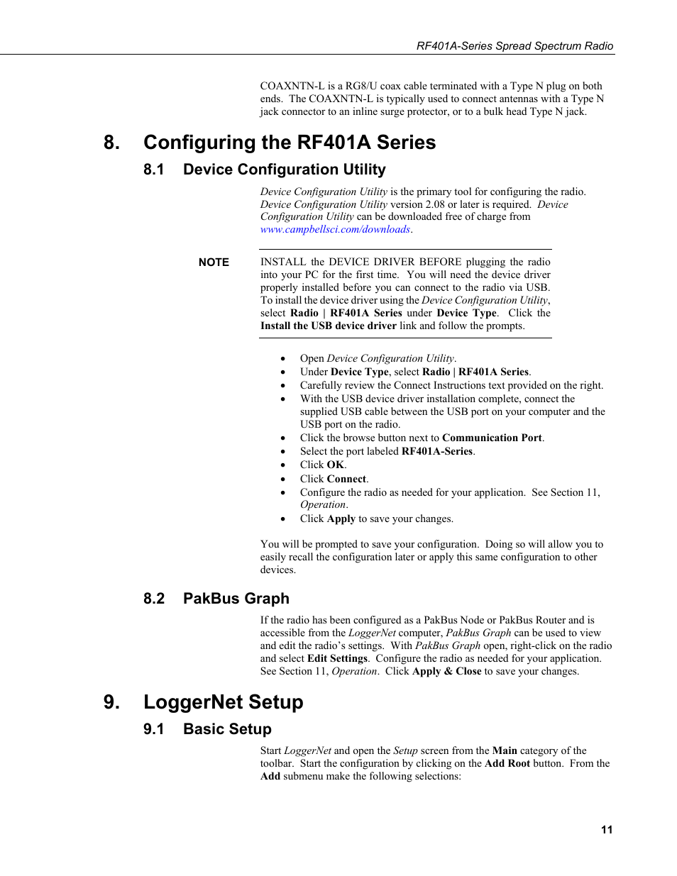 Configuring the rf401a series, 1 device configuration utility, 2 pakbus graph | Loggernet setup, 1 basic setup, Device configuration utility, Pakbus graph, Basic setup | Campbell Scientific RF401A-Series Spread Spectrum Radios User Manual | Page 21 / 48