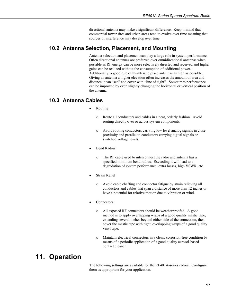 2 antenna selection, placement, and mounting, 3 antenna cables, Operation | Antenna selection, placement, and mounting, Antenna cables | Campbell Scientific RF401A-Series Spread Spectrum Radios User Manual | Page 27 / 48
