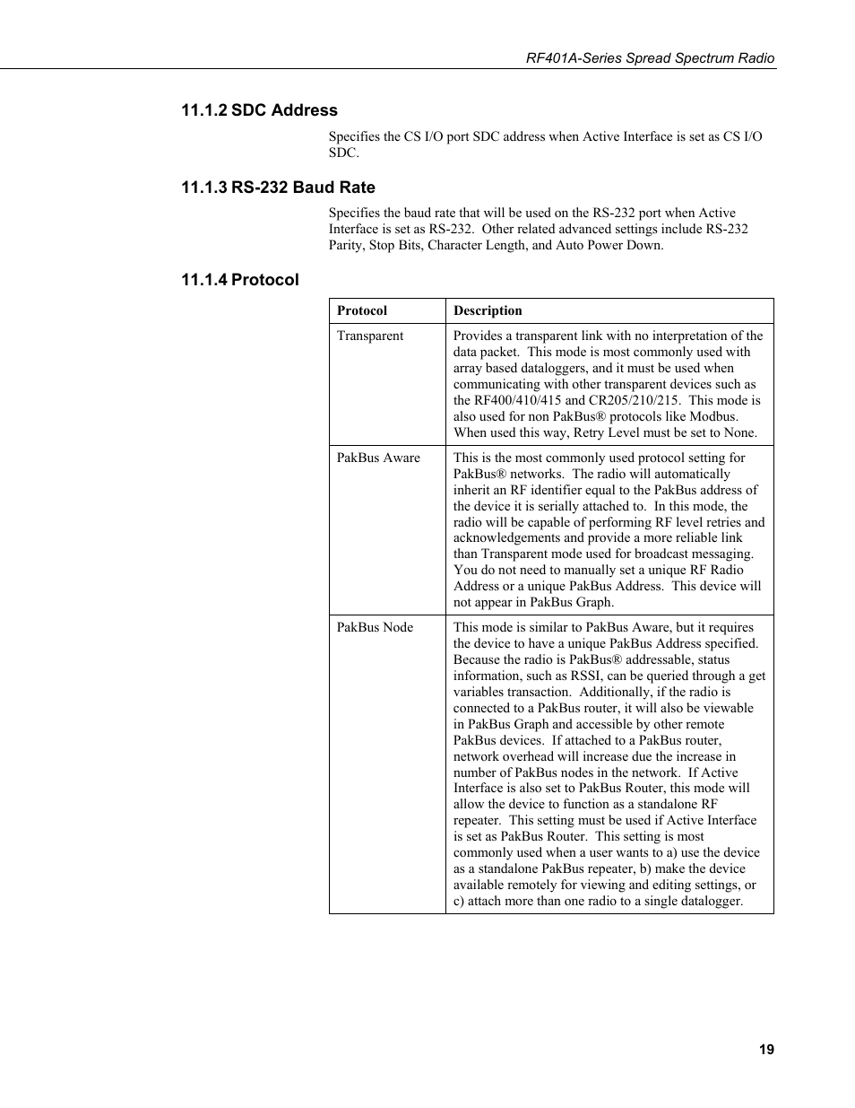 2 sdc address, 3 rs-232 baud rate, 4 protocol | Sdc address, Rs-232 baud rate, Protocol | Campbell Scientific RF401A-Series Spread Spectrum Radios User Manual | Page 29 / 48