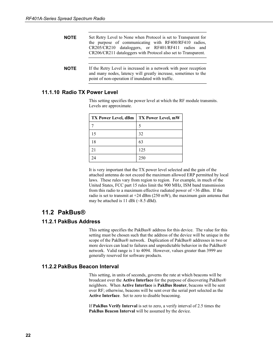 10 radio tx power level, 2 pakbus, 1 pakbus address | 2 pakbus beacon interval, Radio tx power level, Pakbus, Pakbus address, Pakbus beacon interval | Campbell Scientific RF401A-Series Spread Spectrum Radios User Manual | Page 32 / 48