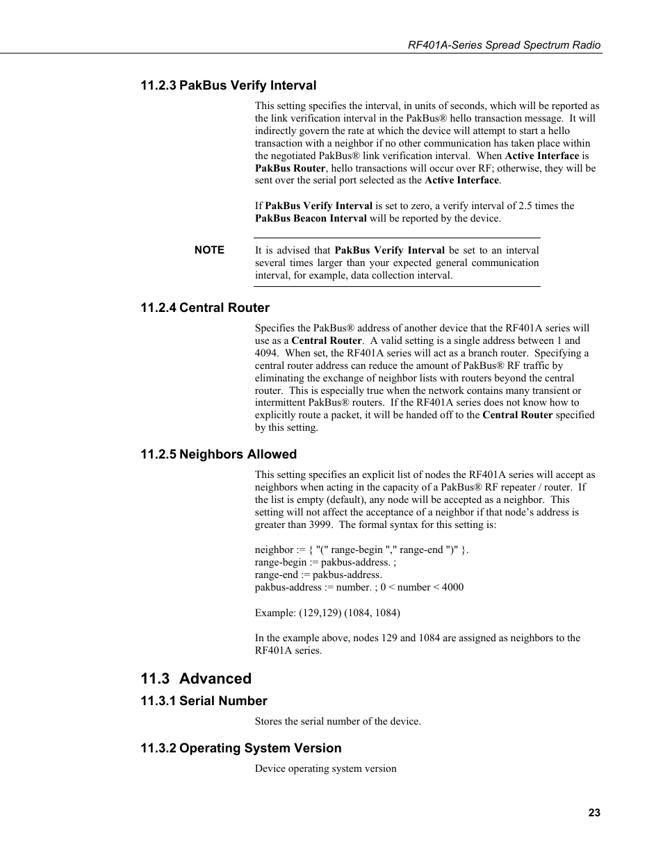 3 pakbus verify interval, 4 central router, 5 neighbors allowed | 3 advanced, 1 serial number, 2 operating system version, Pakbus verify interval, Central router, Neighbors allowed, Advanced | Campbell Scientific RF401A-Series Spread Spectrum Radios User Manual | Page 33 / 48