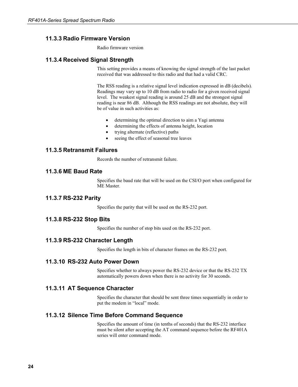 3 radio firmware version, 4 received signal strength, 5 retransmit failures | 6 me baud rate, 7 rs-232 parity, 8 rs-232 stop bits, 9 rs-232 character length, 10 rs-232 auto power down, 11 at sequence character, 12 silence time before command sequence | Campbell Scientific RF401A-Series Spread Spectrum Radios User Manual | Page 34 / 48