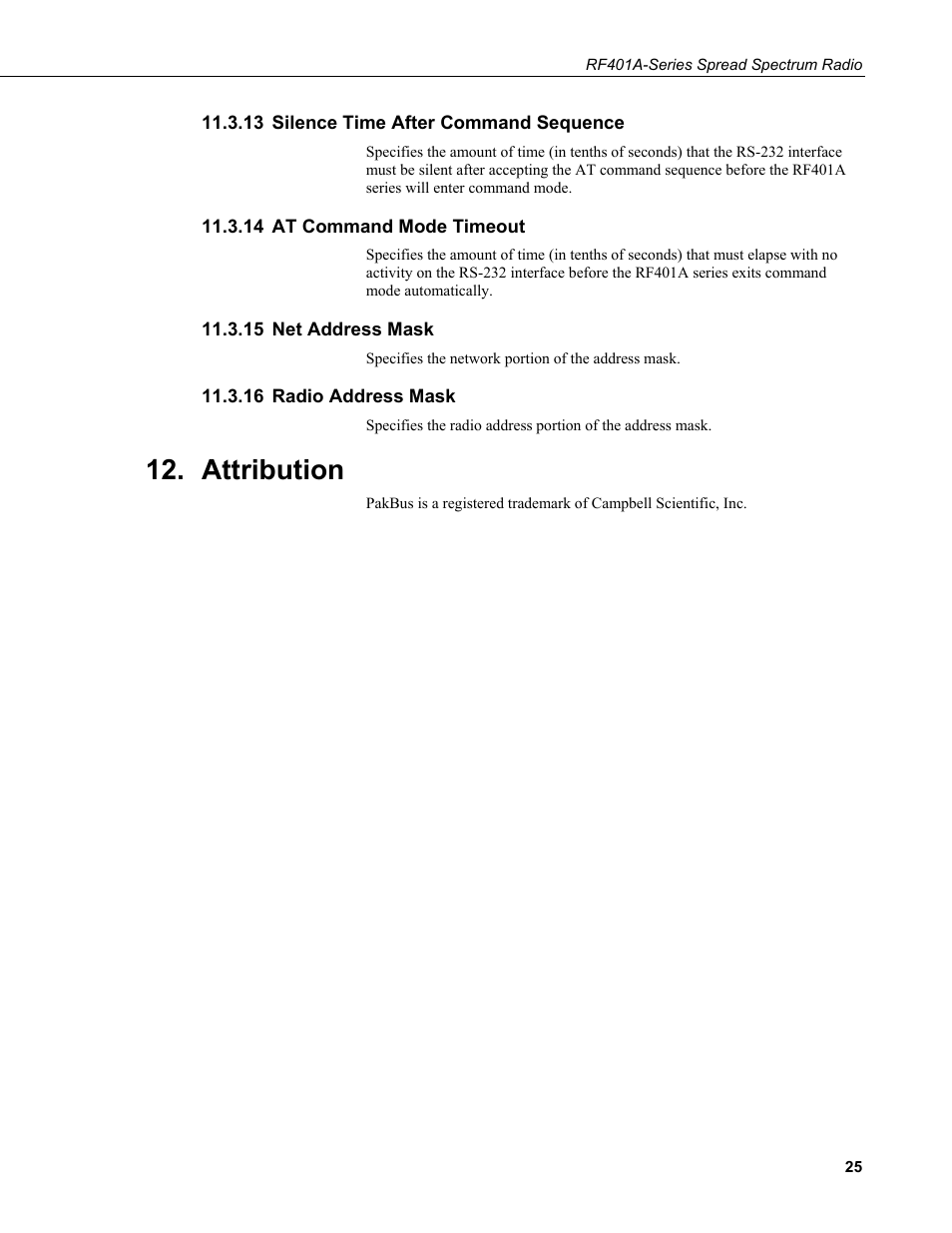 13 silence time after command sequence, 14 at command mode timeout, 15 net address mask | 16 radio address mask, Attribution, Silence time after command sequence, At command mode timeout, Net address mask, Radio address mask | Campbell Scientific RF401A-Series Spread Spectrum Radios User Manual | Page 35 / 48