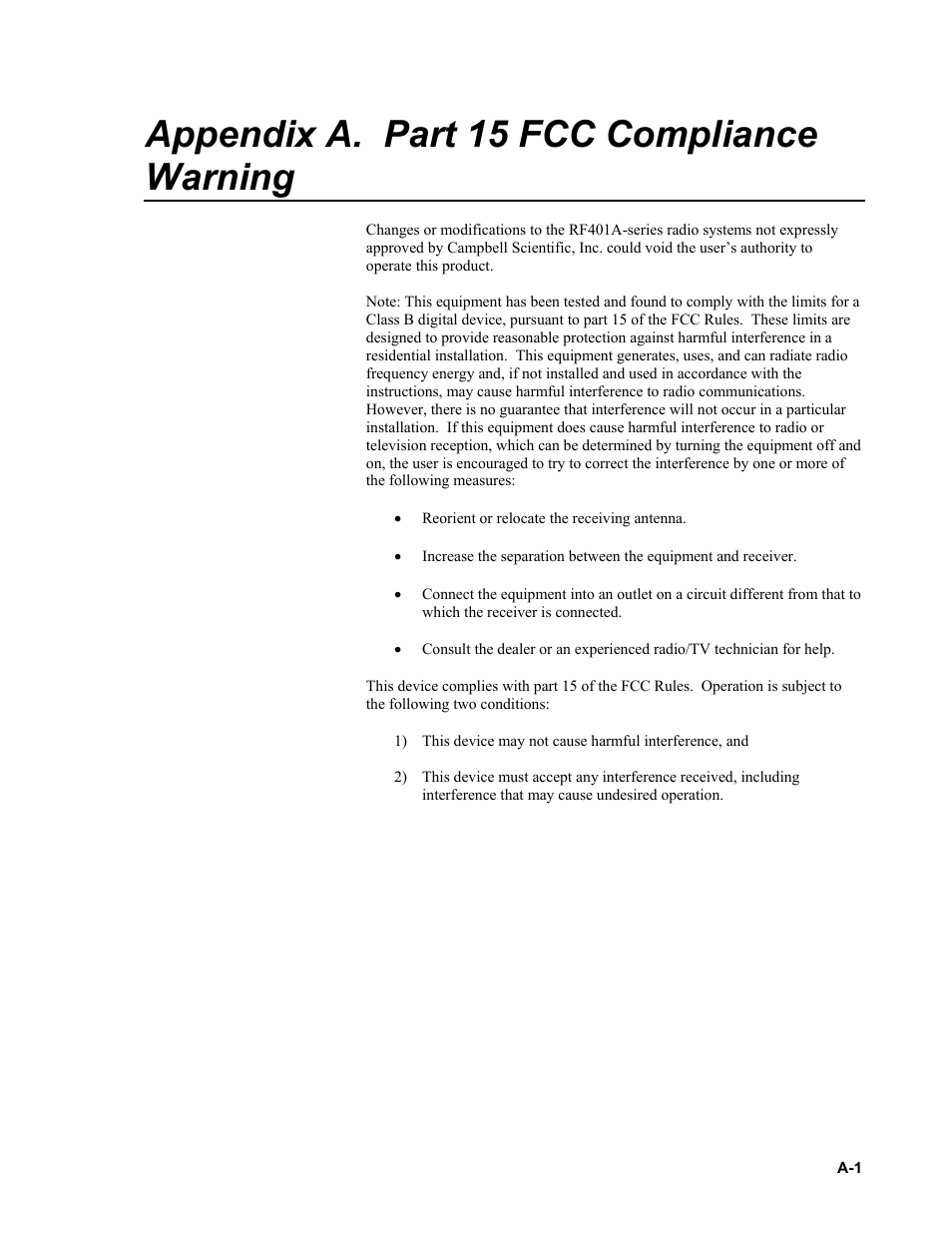 Appendix a. part 15 fcc compliance warning | Campbell Scientific RF401A-Series Spread Spectrum Radios User Manual | Page 37 / 48