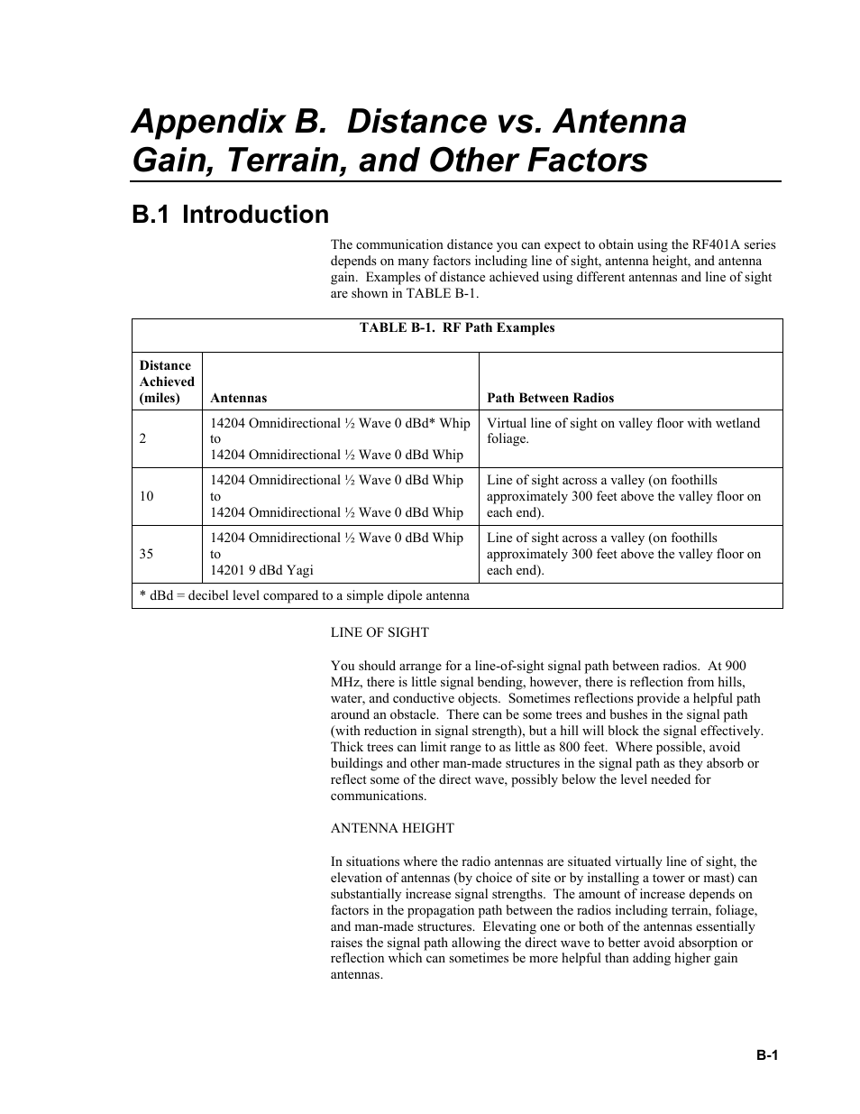 B.1 introduction, Distance vs. antenna gain, terrain, and other | Campbell Scientific RF401A-Series Spread Spectrum Radios User Manual | Page 39 / 48