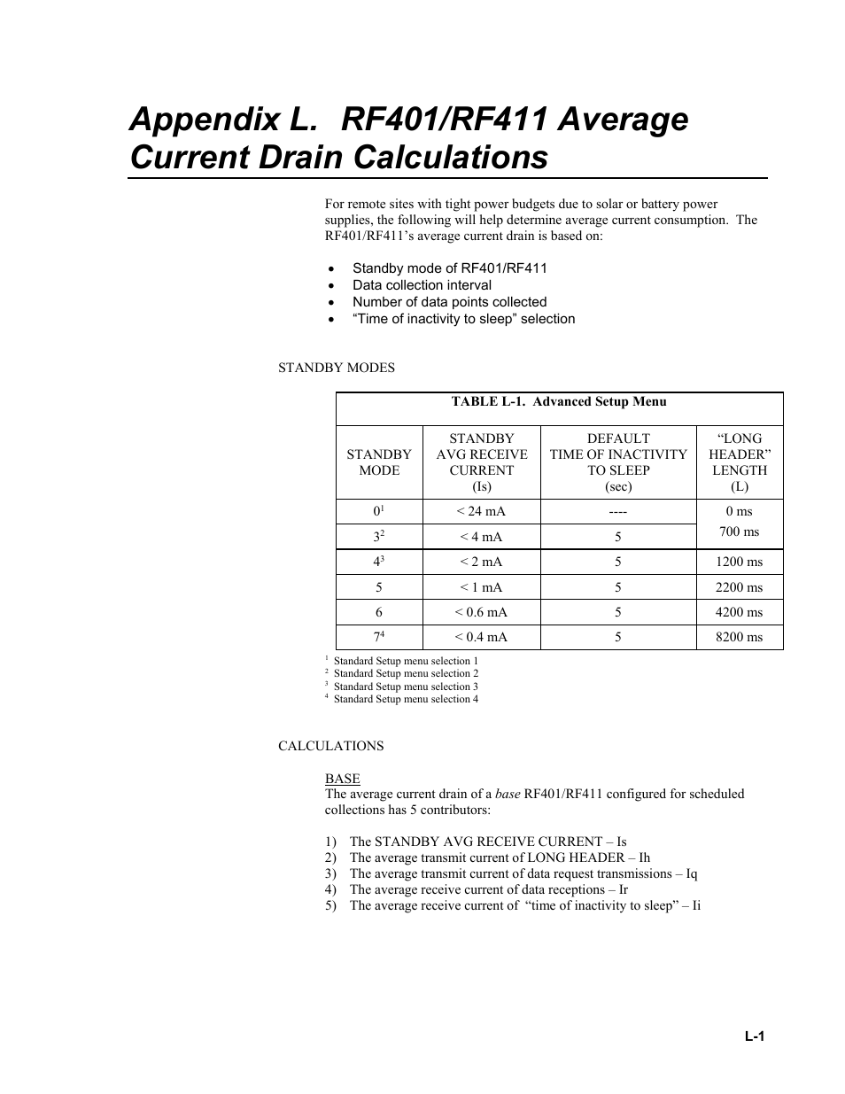 Rf401/rf411 average current drain, Appendix l | Campbell Scientific RF401-series and RF430-series Spread Spectrum Data Radios/Modems User Manual | Page 111 / 126