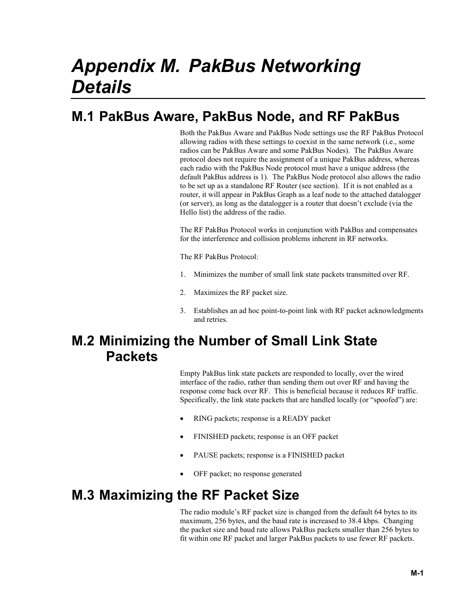 Appendix m. pakbus networking details, M.1 pakbus aware, pakbus node, and rf pakbus, M.3 maximizing the rf packet size | Campbell Scientific RF401-series and RF430-series Spread Spectrum Data Radios/Modems User Manual | Page 121 / 126