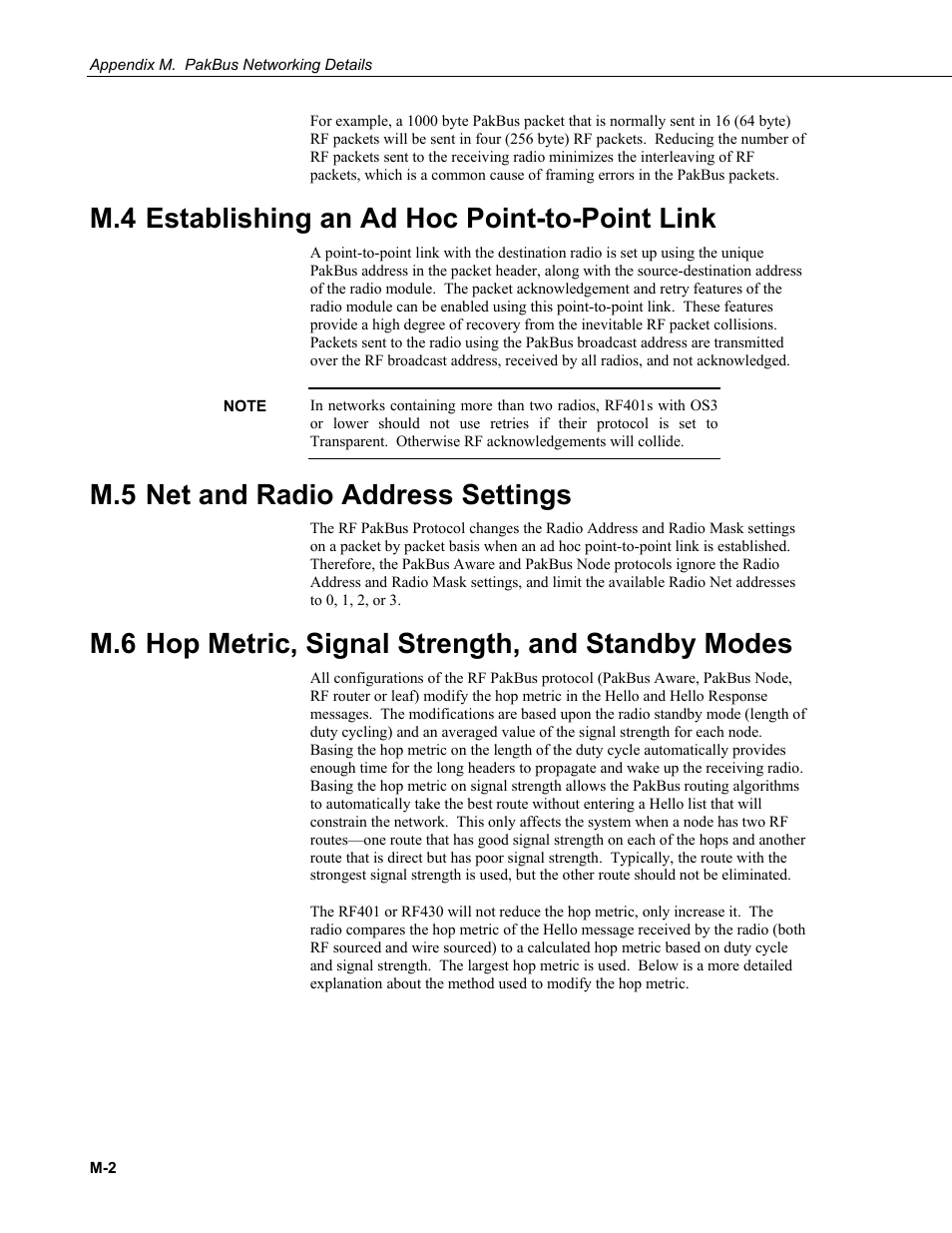 M.4 establishing an ad hoc point-to-point link, M.5 net and radio address settings, M.6 hop metric, signal strength, and standby modes | Campbell Scientific RF401-series and RF430-series Spread Spectrum Data Radios/Modems User Manual | Page 122 / 126