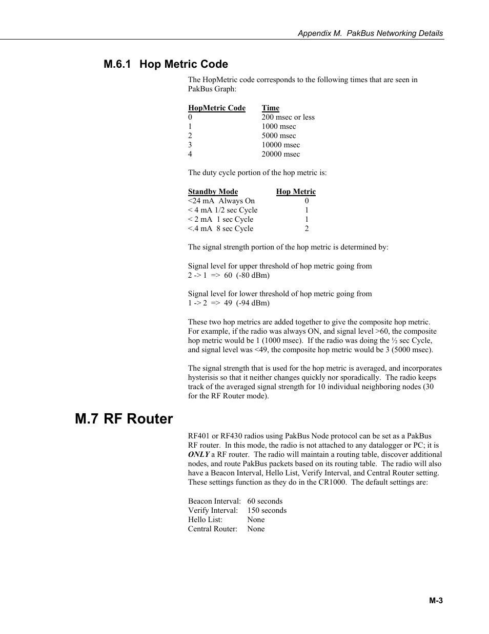 M.6.1 hop metric code, M.7 rf router, M.6.1 | Campbell Scientific RF401-series and RF430-series Spread Spectrum Data Radios/Modems User Manual | Page 123 / 126
