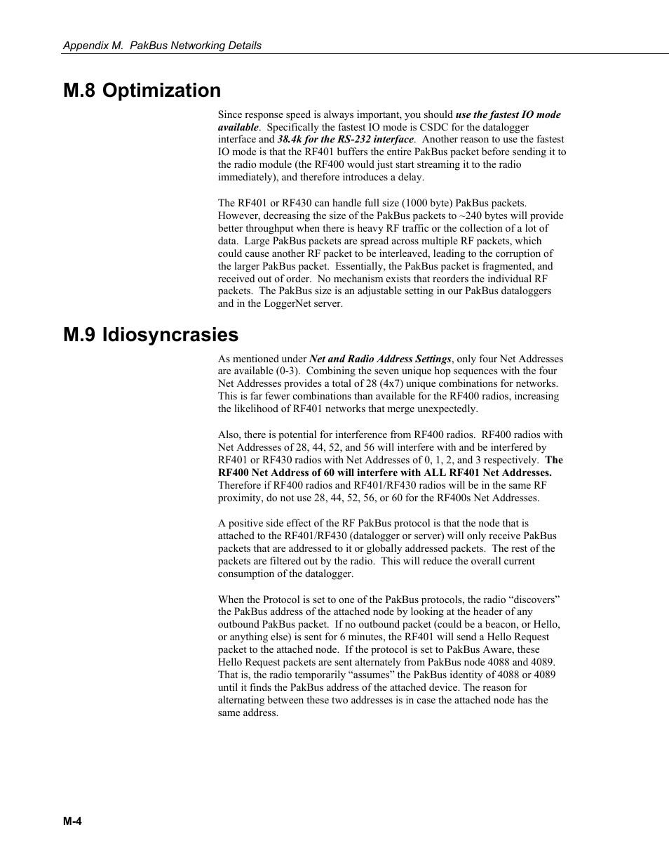 M.8 optimization, M.9 idiosyncrasies | Campbell Scientific RF401-series and RF430-series Spread Spectrum Data Radios/Modems User Manual | Page 124 / 126