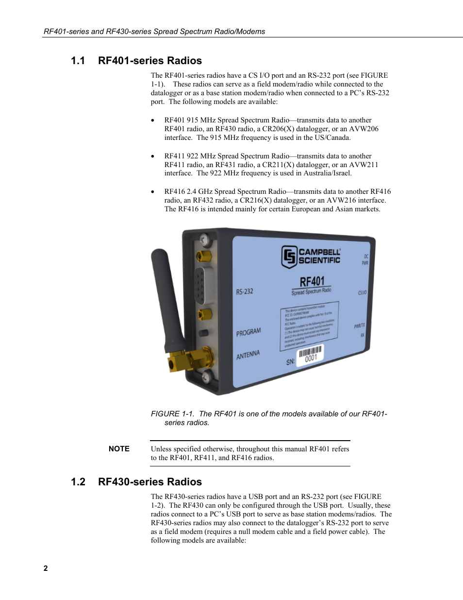 1 rf401-series radios, 2 rf430-series radios, Rf401-series radios | Rf430-series radios, Radios | Campbell Scientific RF401-series and RF430-series Spread Spectrum Data Radios/Modems User Manual | Page 14 / 126