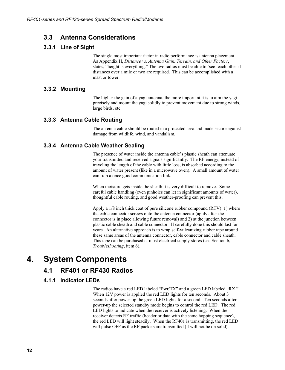 3 antenna considerations, 1 line of sight, 2 mounting | 3 antenna cable routing, 4 antenna cable weather sealing, System components, 1 rf401 or rf430 radios, 1 indicator leds, Antenna considerations, Line of sight | Campbell Scientific RF401-series and RF430-series Spread Spectrum Data Radios/Modems User Manual | Page 24 / 126