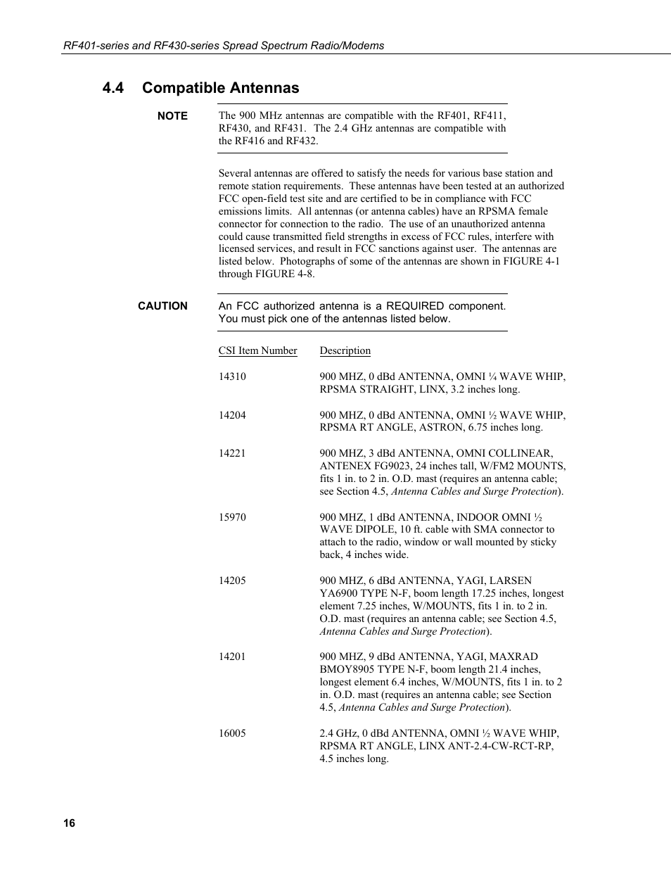 4 compatible antennas, Compatible antennas | Campbell Scientific RF401-series and RF430-series Spread Spectrum Data Radios/Modems User Manual | Page 28 / 126
