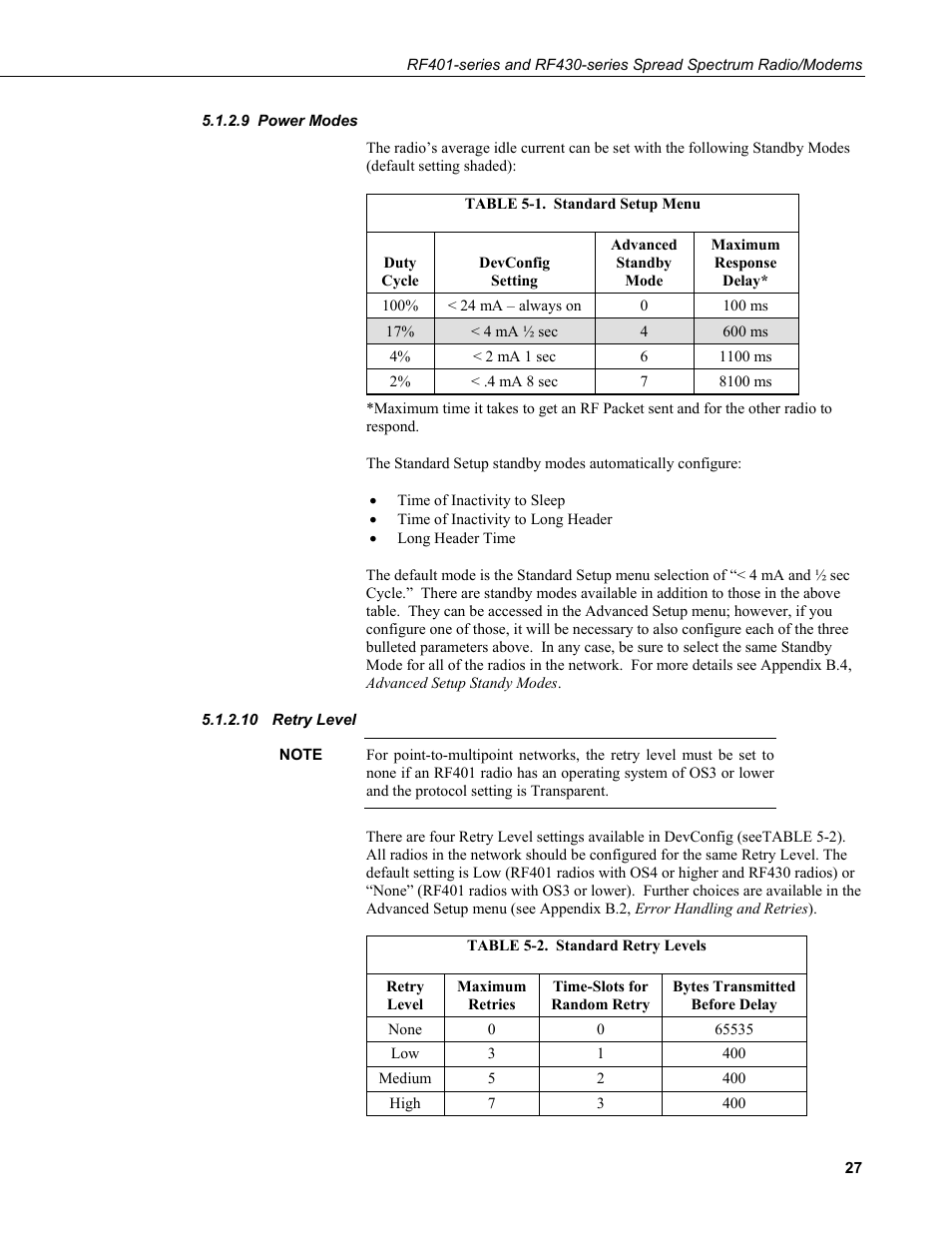 9 power modes, 10 retry level, Power modes | Retry level, 1. standard setup menu, 2. standard retry levels | Campbell Scientific RF401-series and RF430-series Spread Spectrum Data Radios/Modems User Manual | Page 39 / 126