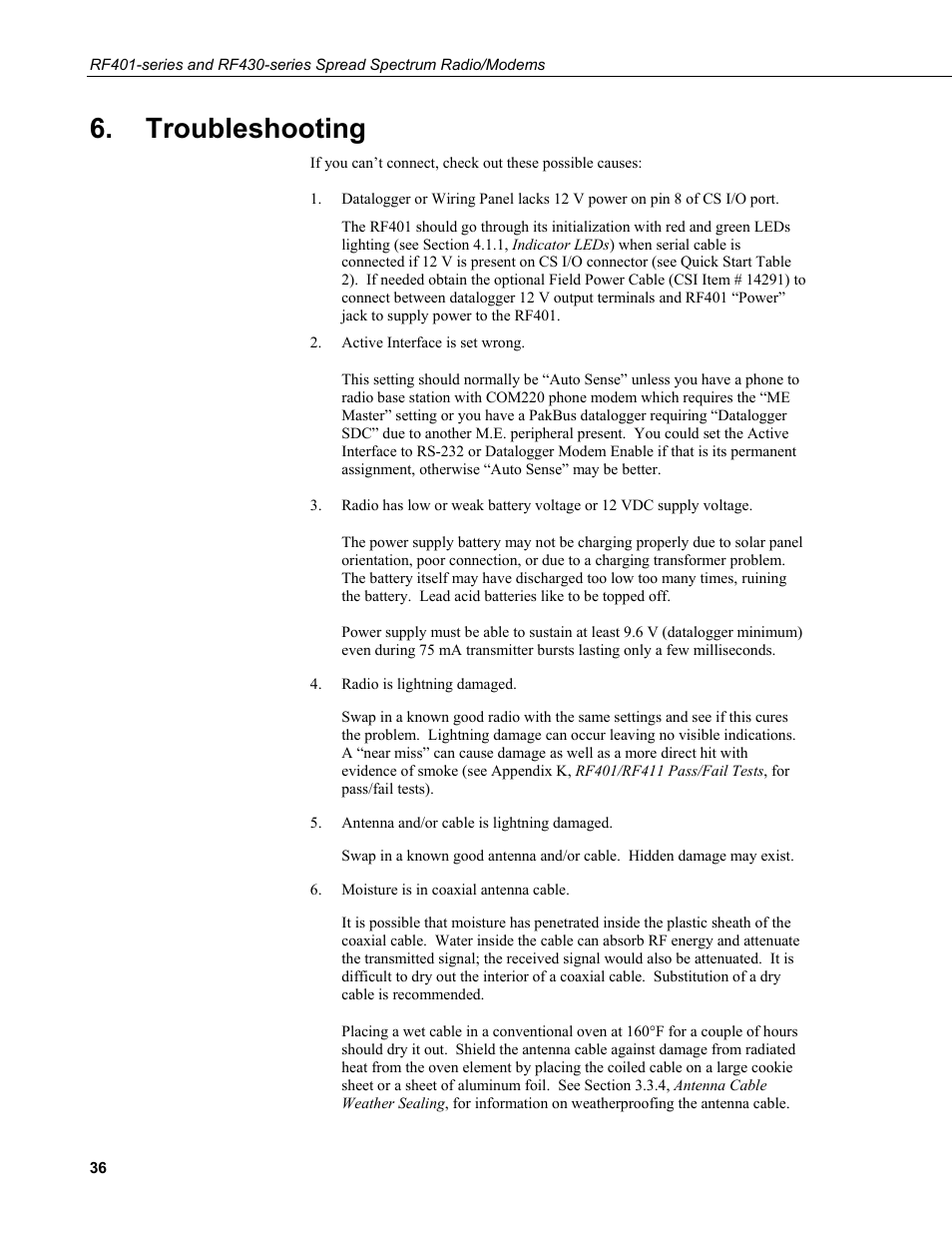 Troubleshooting | Campbell Scientific RF401-series and RF430-series Spread Spectrum Data Radios/Modems User Manual | Page 48 / 126