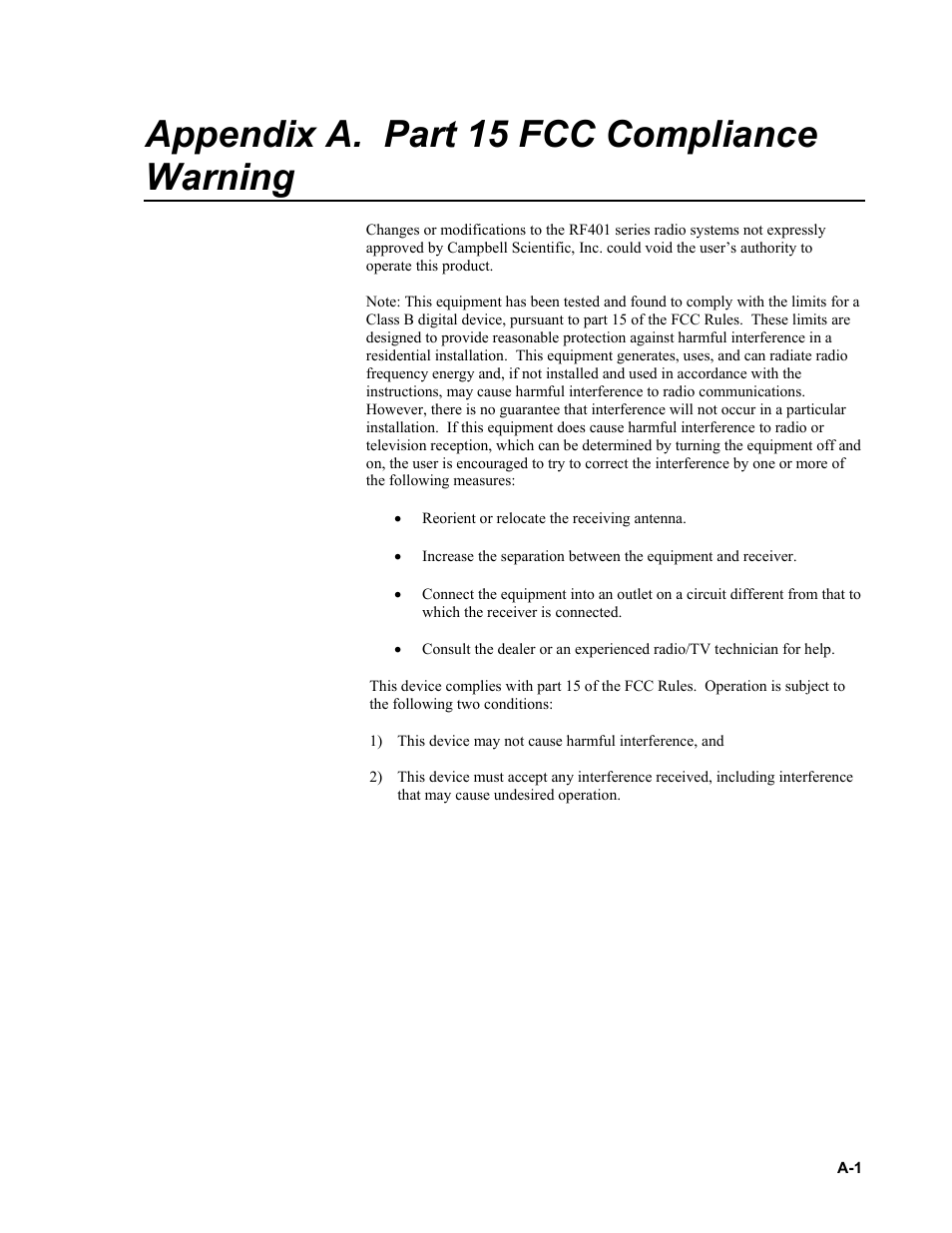 Appendix a. part 15 fcc compliance warning | Campbell Scientific RF401-series and RF430-series Spread Spectrum Data Radios/Modems User Manual | Page 51 / 126