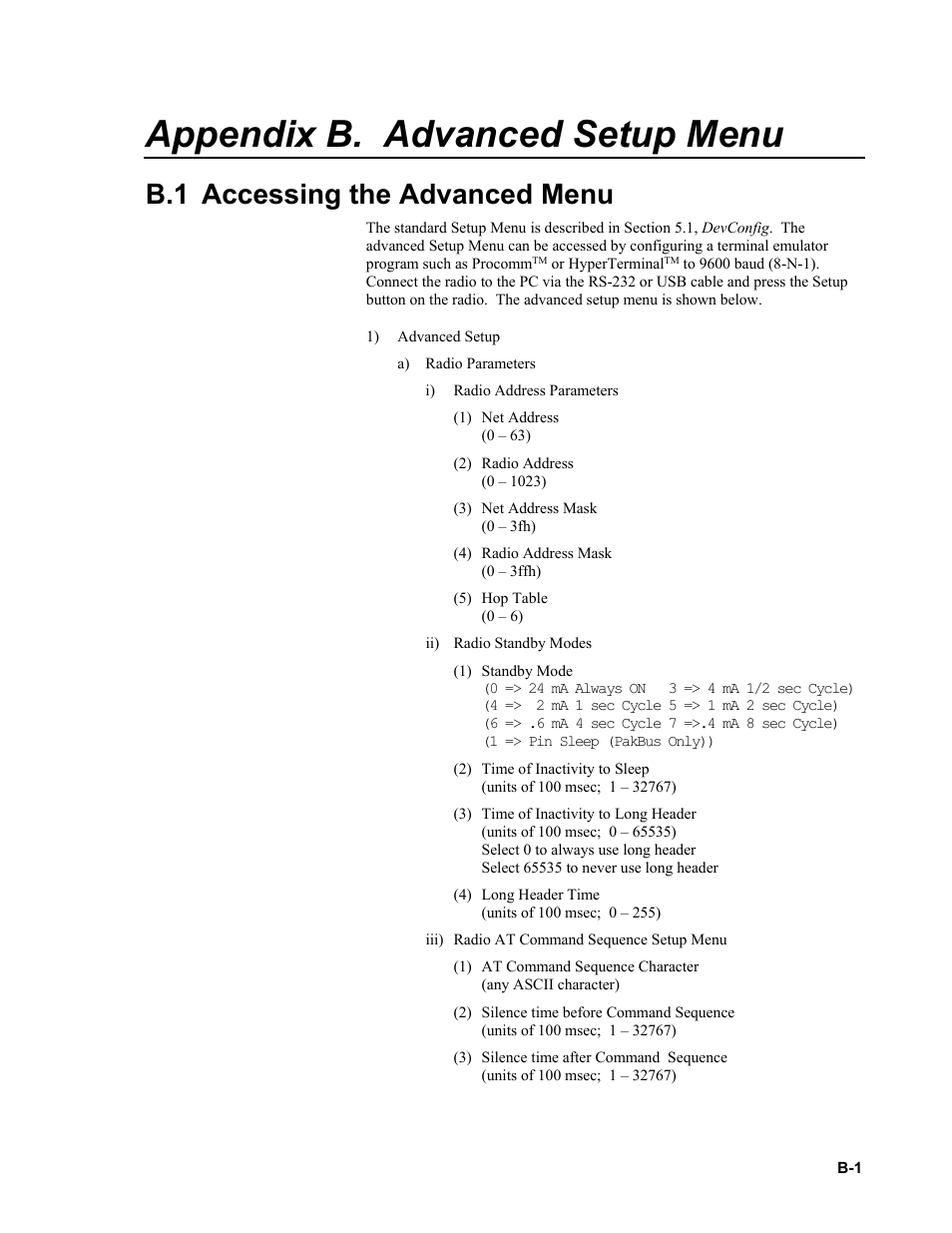 Appendix b. advanced setup menu, B.1 accessing the advanced menu, Appendix b | Campbell Scientific RF401-series and RF430-series Spread Spectrum Data Radios/Modems User Manual | Page 53 / 126