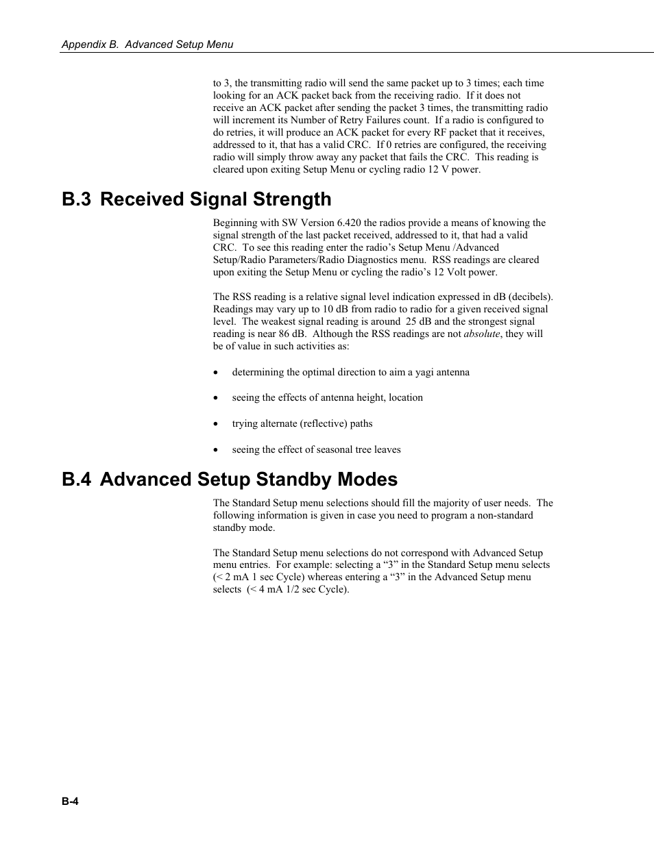 B.3 received signal strength, B.4 advanced setup standby modes, Appendix b.4 | Advanced setup standy modes | Campbell Scientific RF401-series and RF430-series Spread Spectrum Data Radios/Modems User Manual | Page 56 / 126