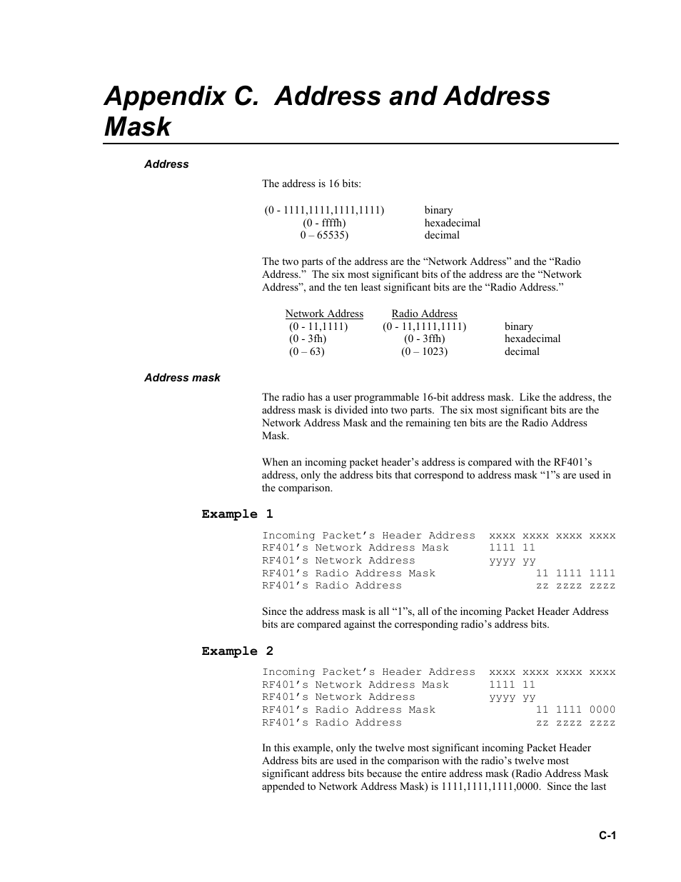 Appendix c. address and address mask | Campbell Scientific RF401-series and RF430-series Spread Spectrum Data Radios/Modems User Manual | Page 59 / 126