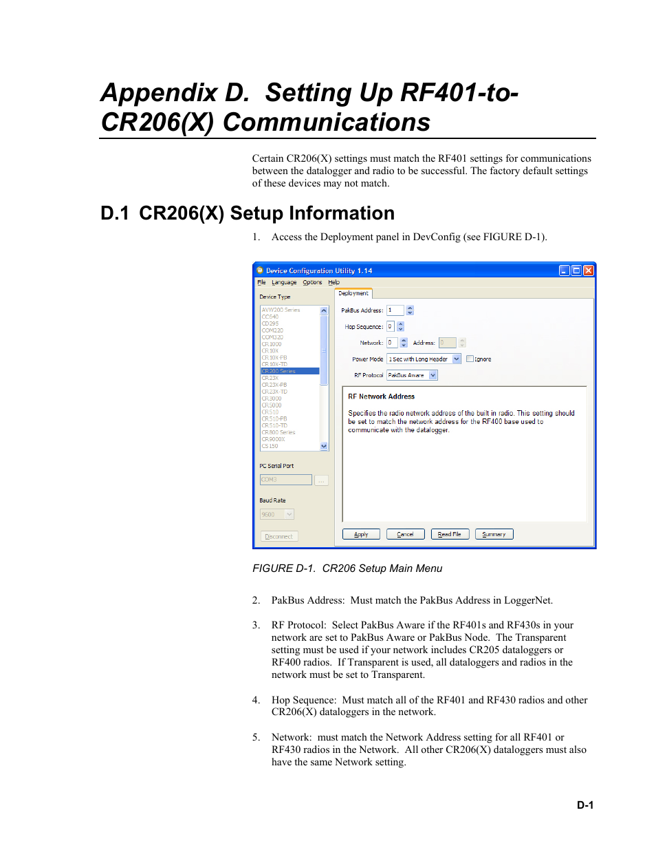 D.1 cr206(x) setup information | Campbell Scientific RF401-series and RF430-series Spread Spectrum Data Radios/Modems User Manual | Page 63 / 126