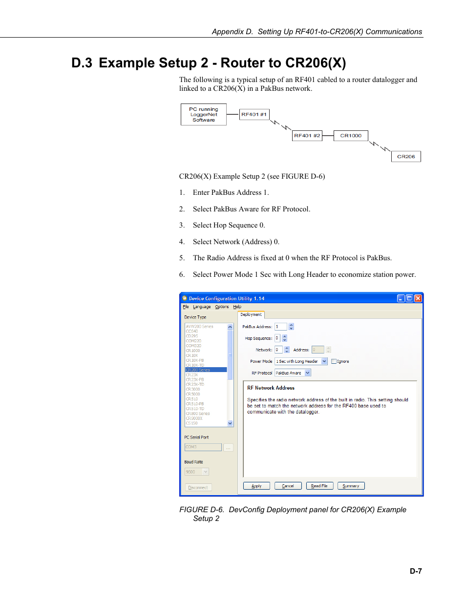 D.3 example setup 2 - router to cr206(x) | Campbell Scientific RF401-series and RF430-series Spread Spectrum Data Radios/Modems User Manual | Page 69 / 126