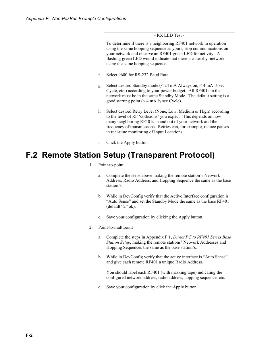 F.2 remote station setup (transparent protocol) | Campbell Scientific RF401-series and RF430-series Spread Spectrum Data Radios/Modems User Manual | Page 76 / 126
