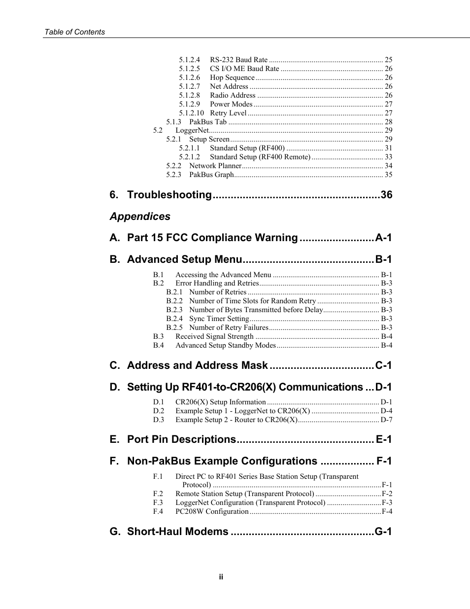 Troubleshooting, Appendices a | Campbell Scientific RF401-series and RF430-series Spread Spectrum Data Radios/Modems User Manual | Page 8 / 126