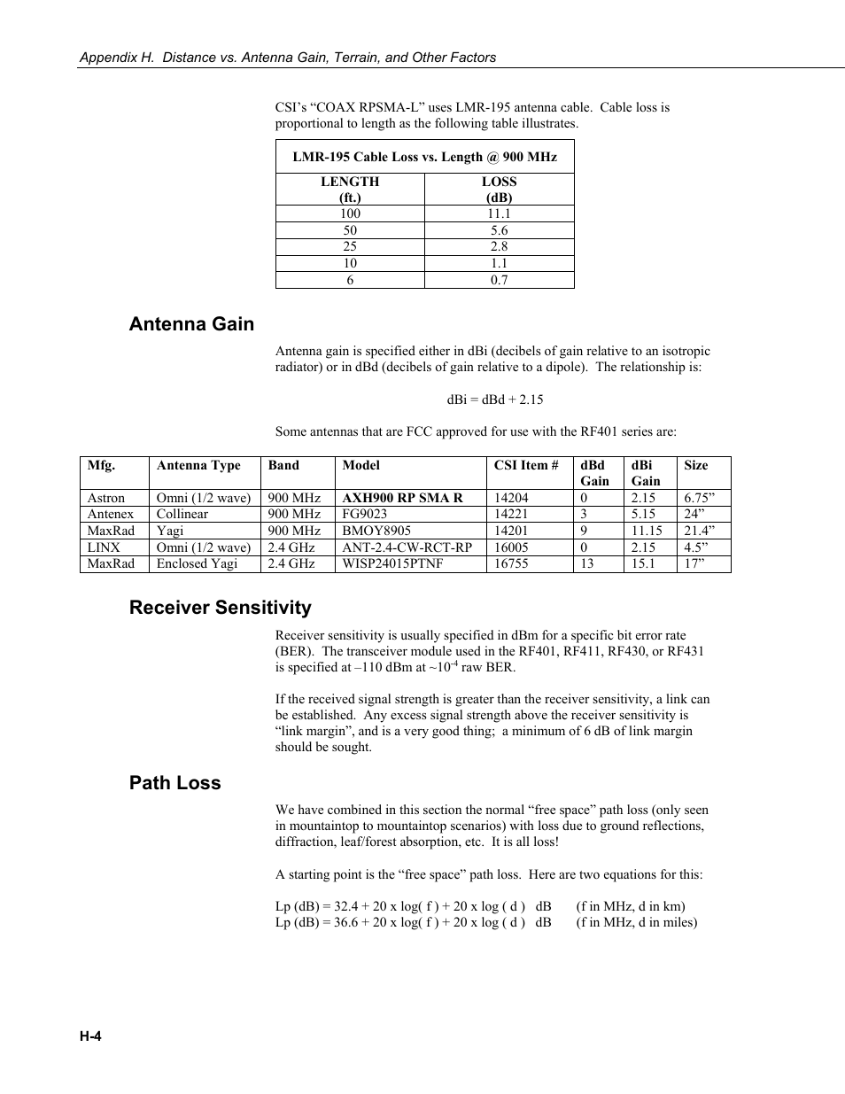 Antenna gain, Receiver sensitivity, Path loss | Campbell Scientific RF401-series and RF430-series Spread Spectrum Data Radios/Modems User Manual | Page 86 / 126