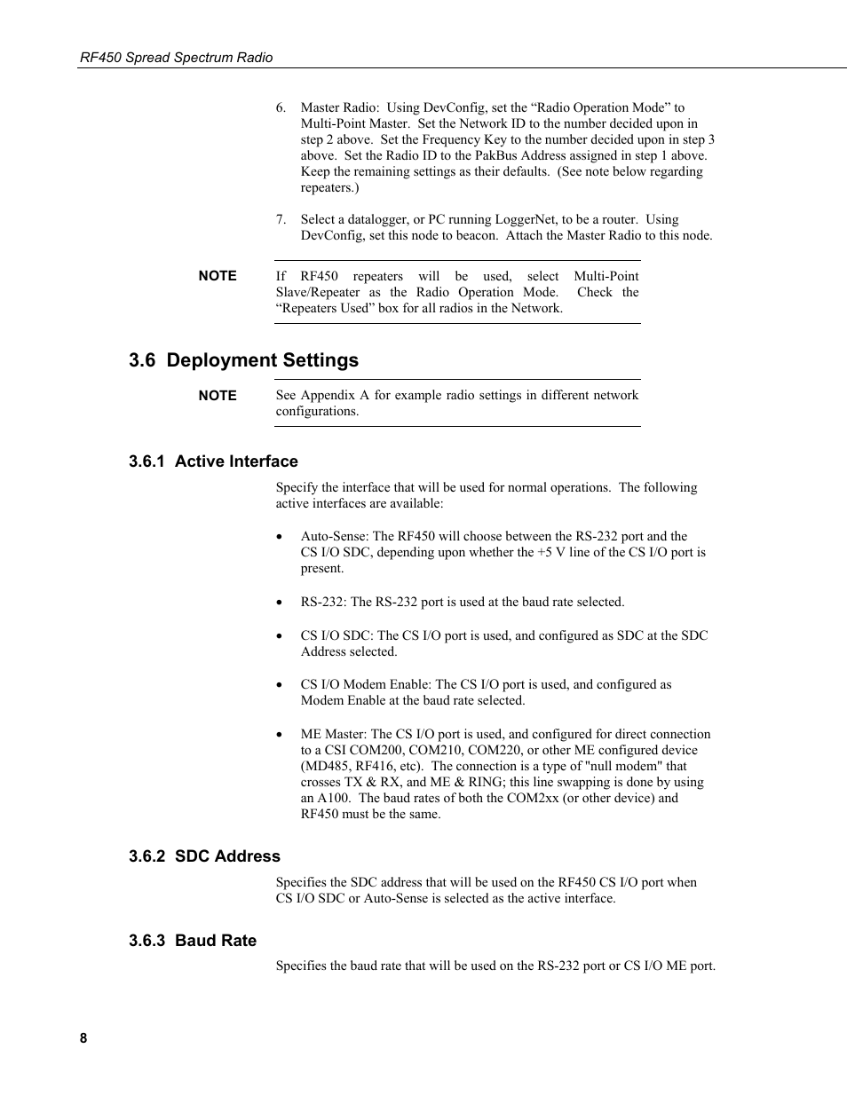 6 deployment settings, 1 active interface, 2 sdc address | 3 baud rate | Campbell Scientific RF450 Spread Spectrum Radio User Manual | Page 14 / 42