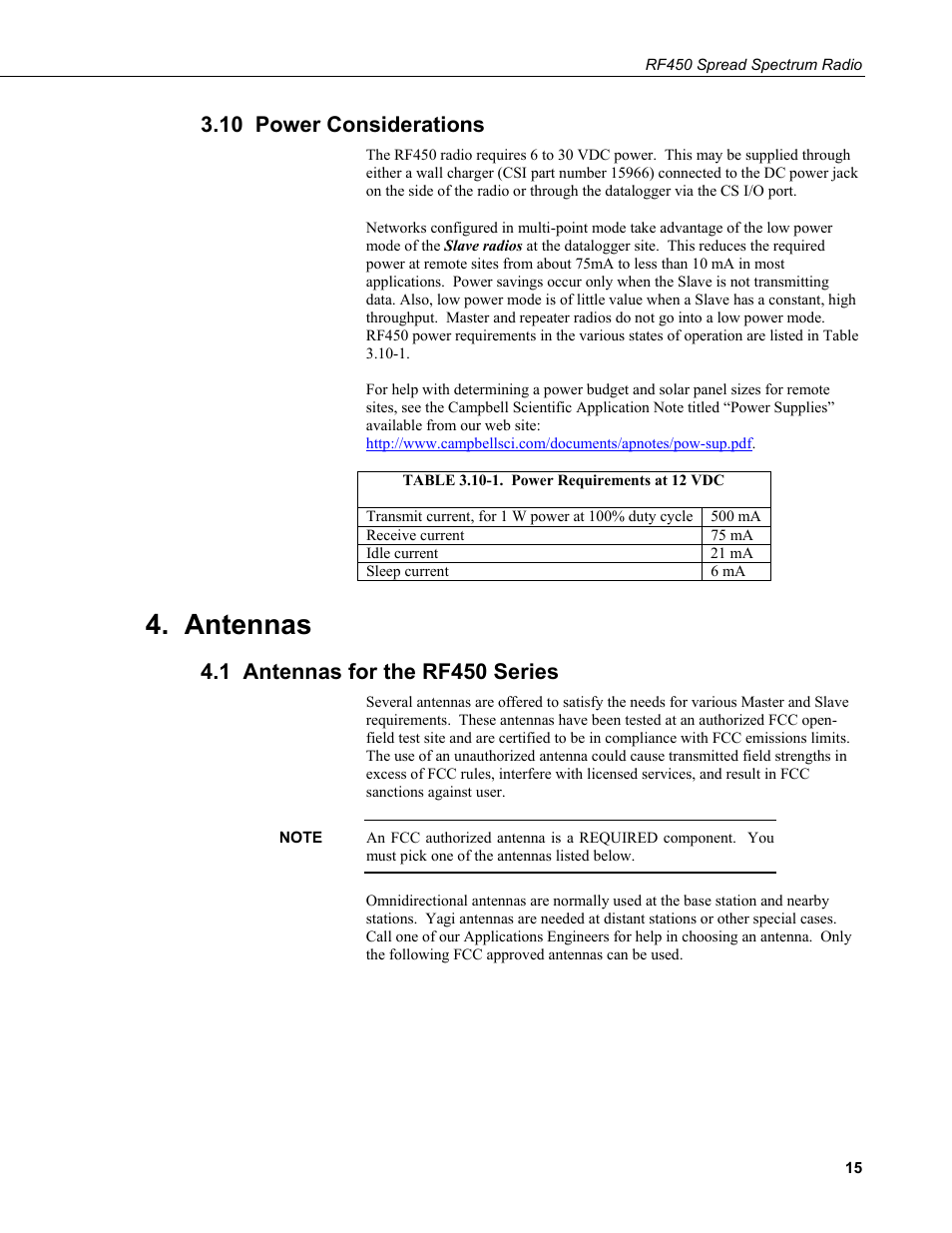 10 power considerations, Antennas, 1 antennas for the rf450 series | Campbell Scientific RF450 Spread Spectrum Radio User Manual | Page 21 / 42