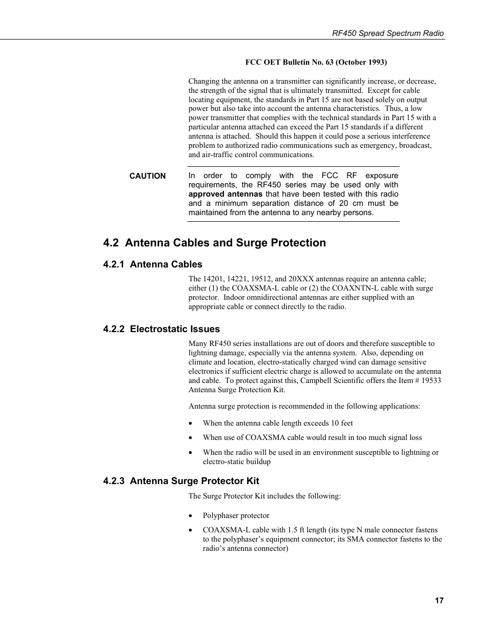 2 antenna cables and surge protection, 1 antenna cables, 2 electrostatic issues | 3 antenna surge protector kit | Campbell Scientific RF450 Spread Spectrum Radio User Manual | Page 23 / 42