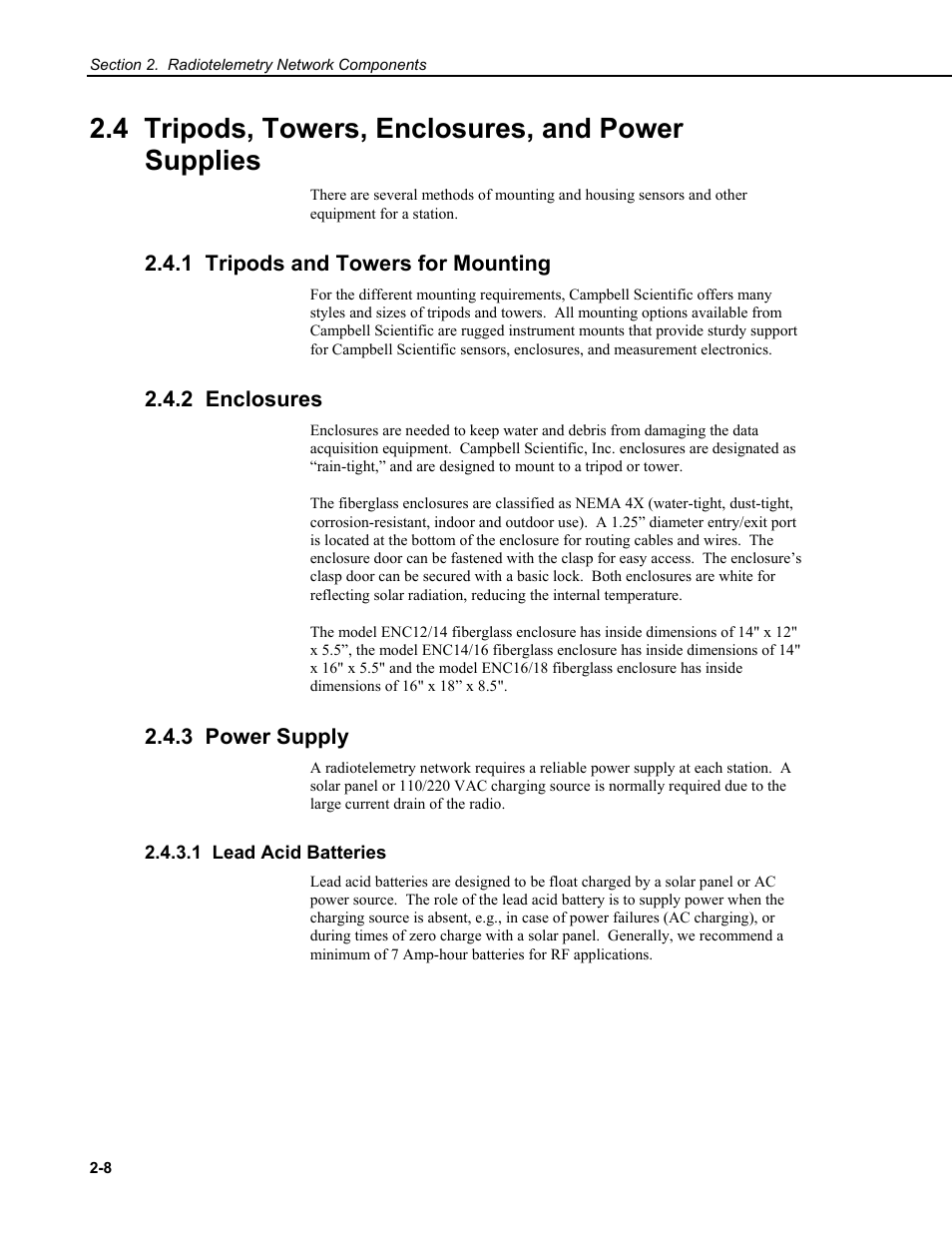 4 tripods, towers, enclosures, and power supplies, 1 tripods and towers for mounting, 2 enclosures | 3 power supply, 1 lead acid batteries | Campbell Scientific RF500M Radio Modem User Manual | Page 14 / 36