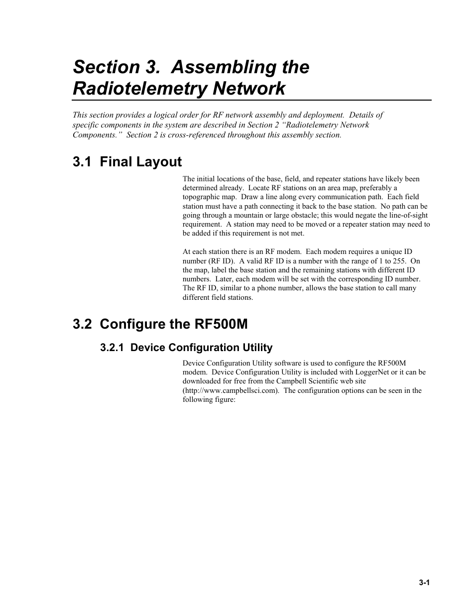 Section 3. assembling the radiotelemetry network, 1 final layout, 2 configure the rf500m | 1 device configuration utility | Campbell Scientific RF500M Radio Modem User Manual | Page 15 / 36