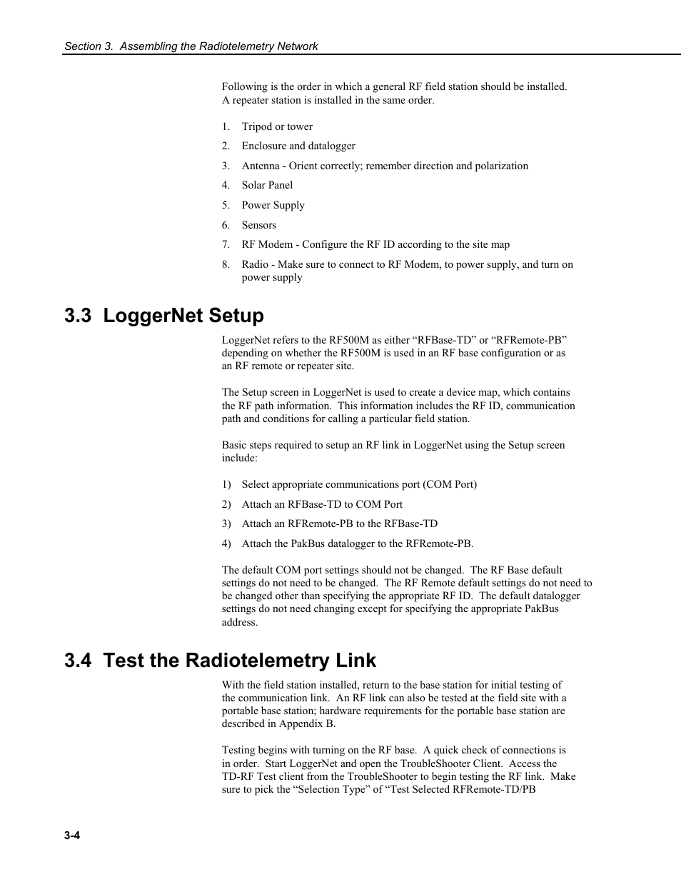 3 loggernet setup, 4 test the radiotelemetry link | Campbell Scientific RF500M Radio Modem User Manual | Page 18 / 36