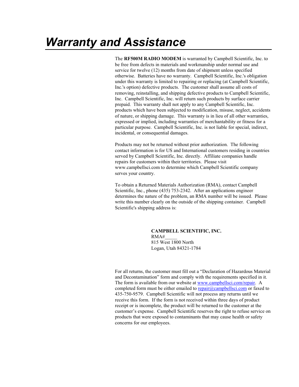 Warranty and assistance | Campbell Scientific RF500M Radio Modem User Manual | Page 2 / 36