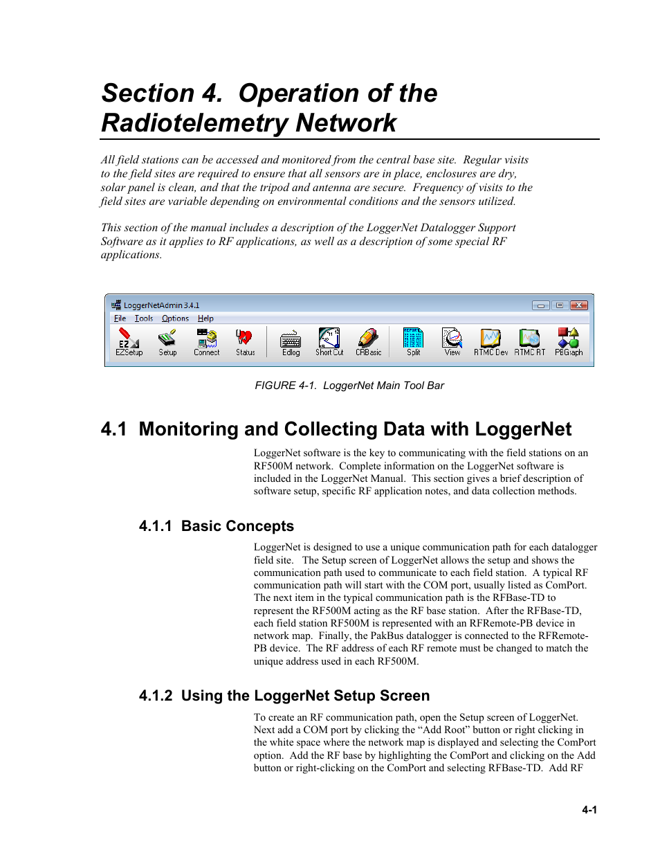 Section 4. operation of the radiotelemetry network, 1 monitoring and collecting data with loggernet, 1 basic concepts | 2 using the loggernet setup screen | Campbell Scientific RF500M Radio Modem User Manual | Page 21 / 36
