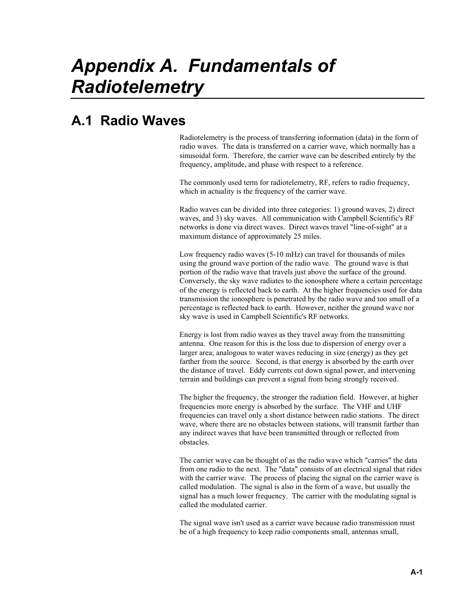 Appendix a. fundamentals of radiotelemetry, A.1 radio waves | Campbell Scientific RF500M Radio Modem User Manual | Page 27 / 36