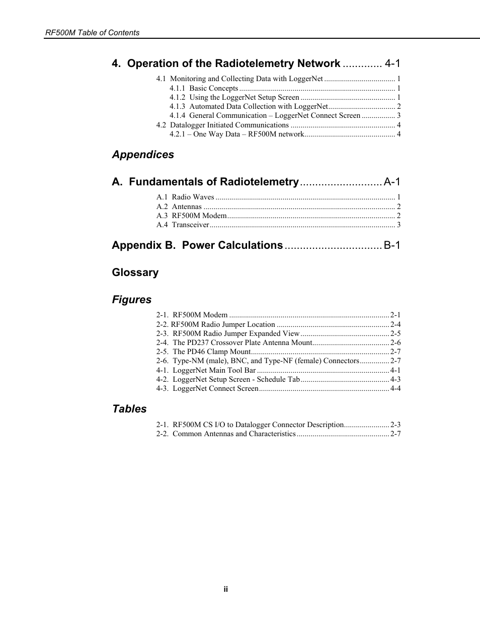 Operation of the radiotelemetry network -1, Tables | Campbell Scientific RF500M Radio Modem User Manual | Page 4 / 36